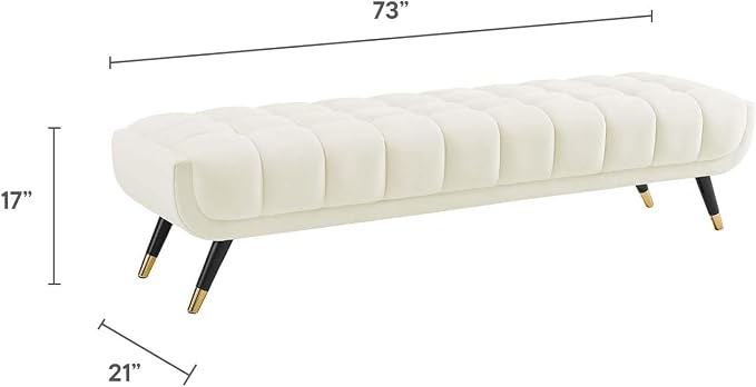 Modway Adept Mid-Century Modern Velvet Upholstered Tufted Accent Bench in Ivory - Image 3