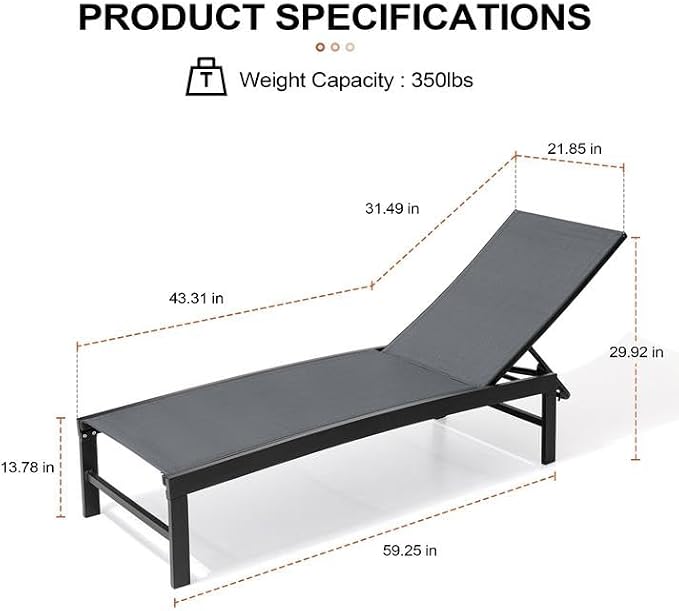 Crestlive Products Chaise Lounge Chair Outdoor Set of 2, Adjustable 5 Positions - Image 2