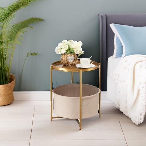 danpinera Gold Side Table with Fabric Storage Basket, Metal Round Side Small - Image 6