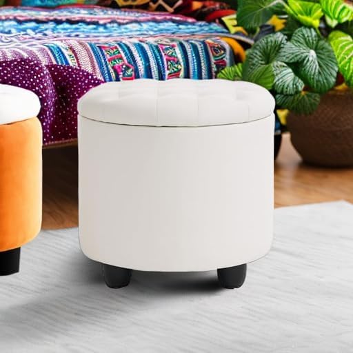 Furniliving Upholstered Button Tufted Round Ottoman, PU Storage Ottoman Round - Image 6