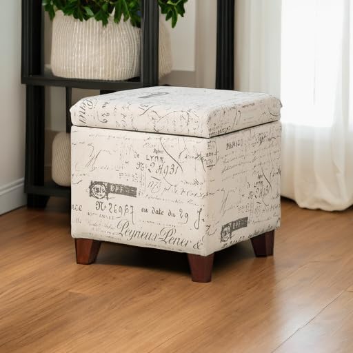Adeco Fabric Script Pattern Cube Storage Footstool, Hinged Lid, Solid Wood Legs - Image 5