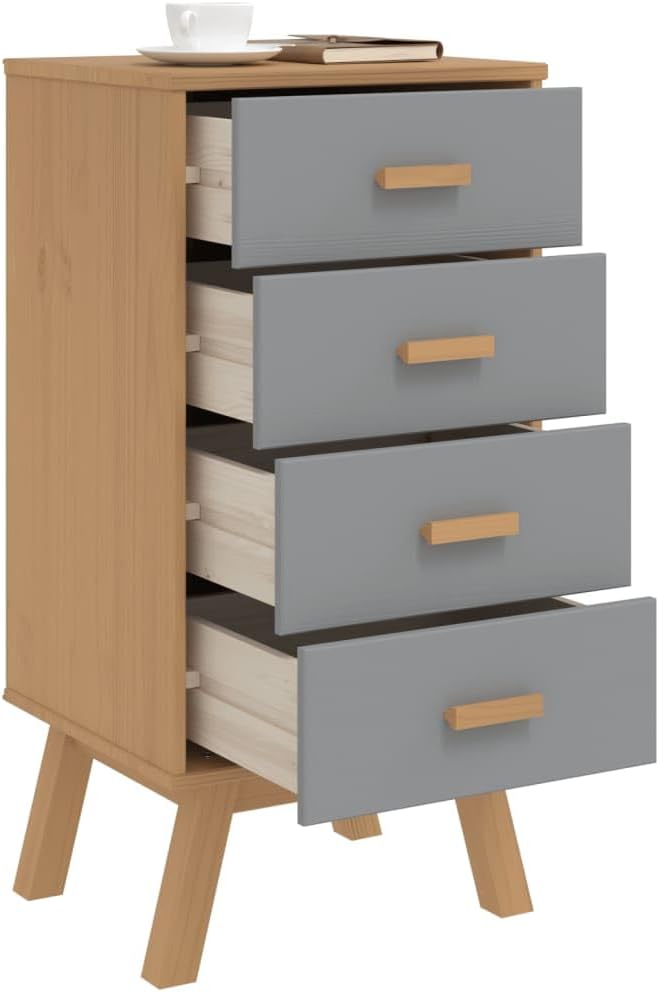 Grey and Brown Solid Pine Wood Bedside Cabinet - Image 5