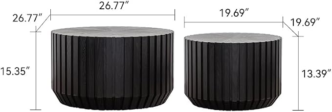 46.46'' Black Round Nesting Coffee Table Set of 2, Modern Circle Fluted Drum - Image 2