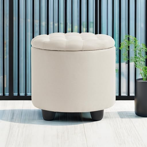 Furniliving Modern Round Storage Ottoman, Button Tufted Ottoman Foot Stools - Image 6