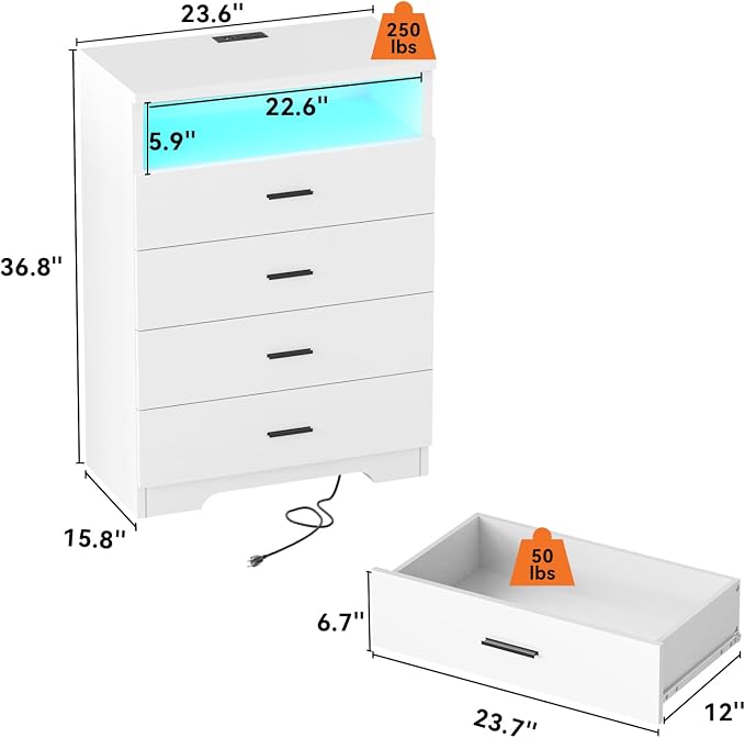 FJTJBSI Dresser with Power Outlets and LED Lights Wooden 4 Drawer Dresser with - Image 3
