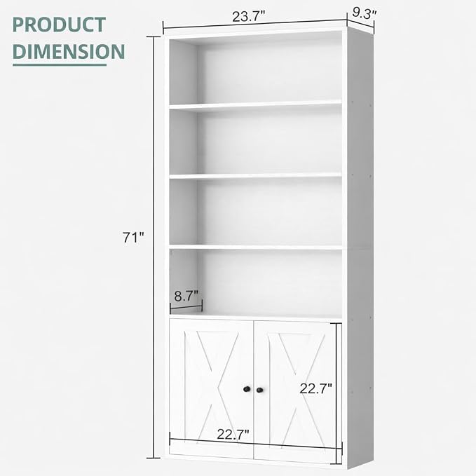 Modern Bookshelf with Doors, Industrial Bookshelves with 6-Tier Shelf, 71 - Image 2