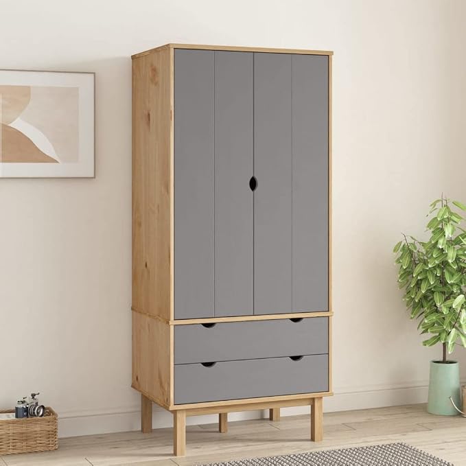 Compact Brown Wardrobe with 2 Drawers and Large Compartment, Solid Pine Wood by Unknown