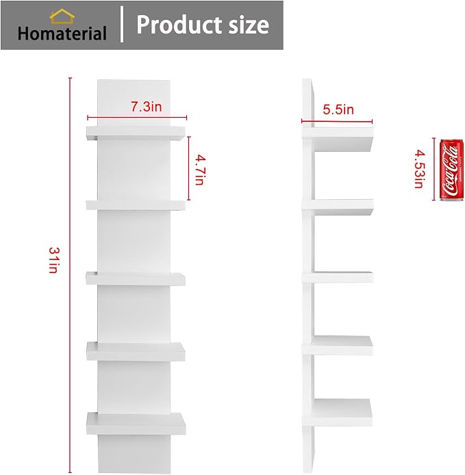 Homaterial 5 Tier Wall Shelf Unit, Small White Vertical Floating Shelf-Narrow - Image 3