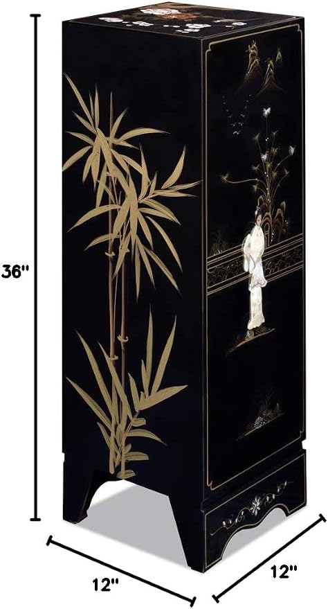 Black Lacquer Mother of Pearl Chinese Pedestal Cabinet - Image 7