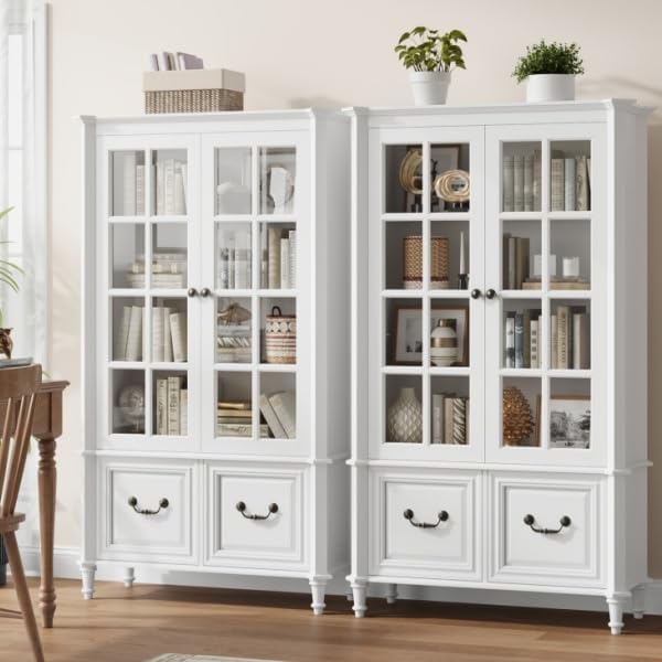 QUW 63" Tall Bookshelf with Glass Doors and Solid Wood Legs, Modern Book Shelf - Image 4