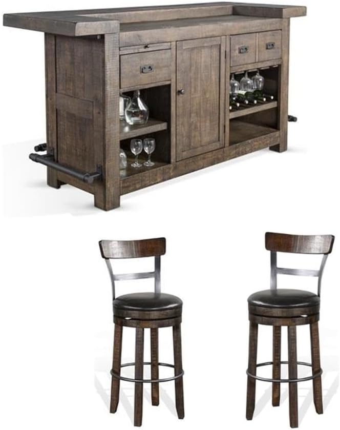 Pemberly Row Set of 3 Wood Bar Unit and 2 Swivel Barstool by PEMBERLYROW