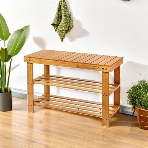 Purawood Bamboo 3 Tier Shoe Rack Bench, Premium Shoe Organizer or Entryway Bench - Image 6