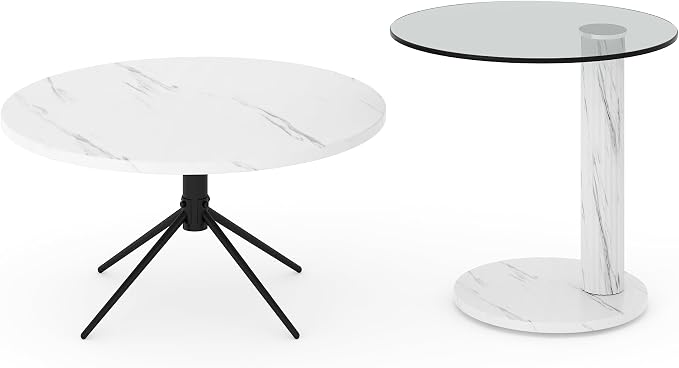 Hooseng Set of 2 Round Coffee Tables, Faux Marble Top and Modern Tempered - Image 3
