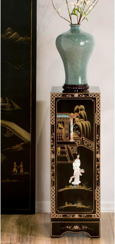 Black Lacquer Mother of Pearl Chinese Pedestal Cabinet - Image 6
