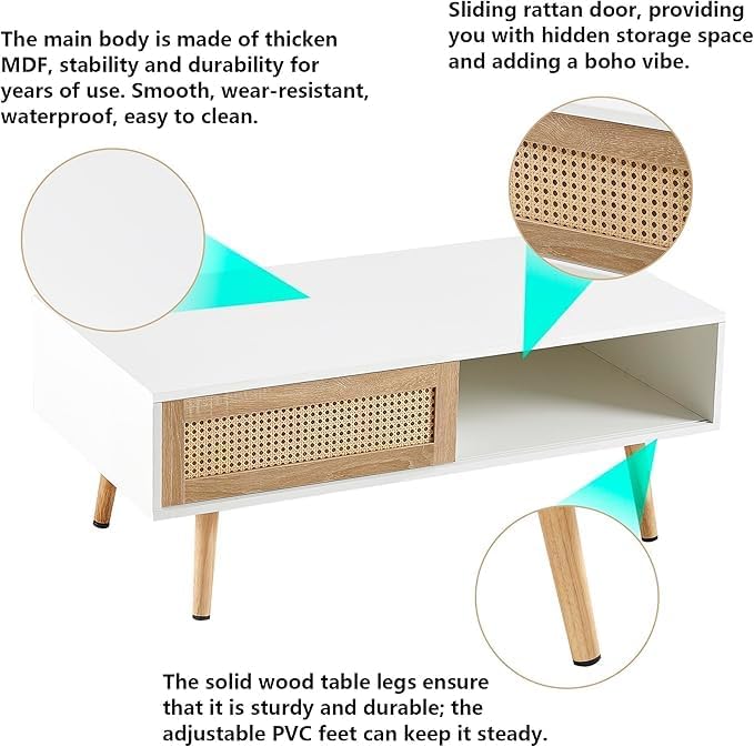 Rattan Center Table and Nightstand Set, 3-Piece Wood Living Room Table Set - Image 4