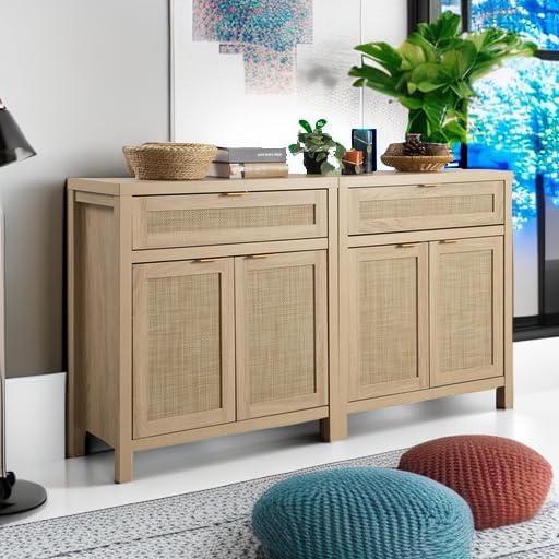 SICOTAS Sideboard Buffet Storage Cabinet Set of 2, Rattan Credenza Buffet Table - Image 6