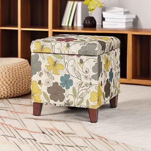 Adeco 18 Inch High Cube Ottoman Storage, Floral Printed Linen Chair Foot Stools - Image 6