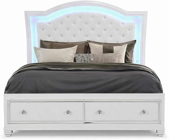 First of a Kind Shiney Contemporary 5 Piece Queen Bedroom Set High Gloss White - Image 4