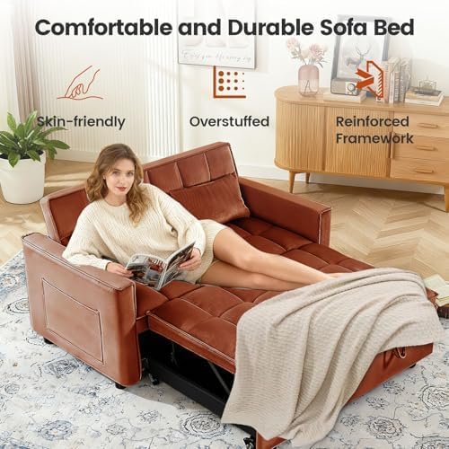 3 in 1 Convertible Sofa Bed, Velvet Fabric Loveseat Sleeper Couch, Modern Pull - Image 4