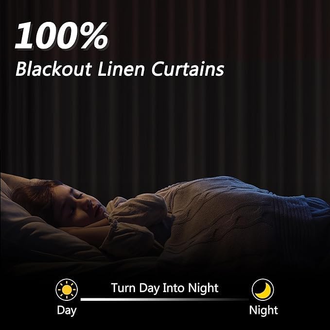Beige White 100% Blackout Linen Curtains 100 Inch Length 2 Panels Set - Image 2