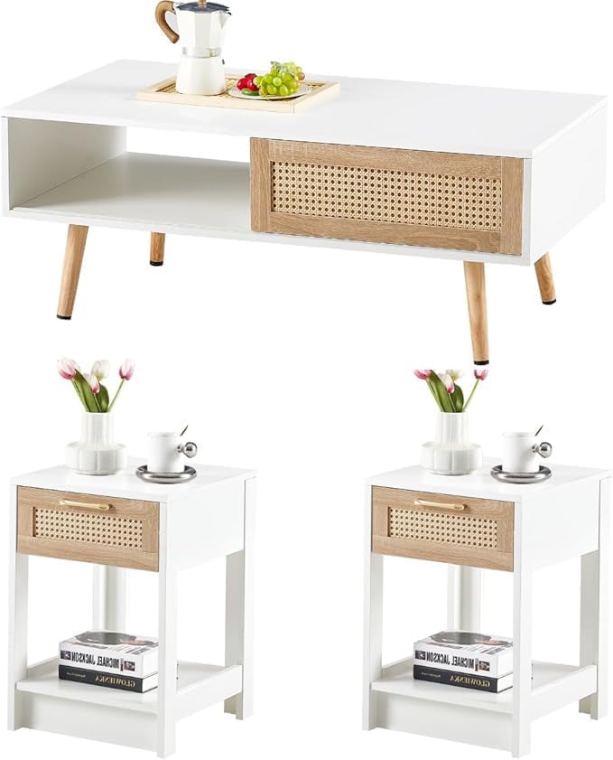 Rattan Center Table and Nightstand Set, 3-Piece Wood Living Room Table Set by YOUGUO
