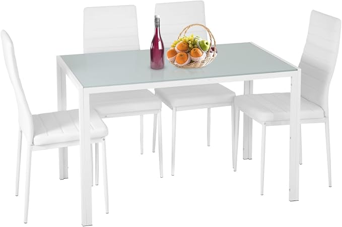 FDW | 5-Piece Dining Table Set | White | Glass Kitchen Table by FDW