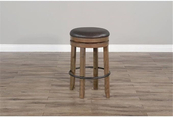 Pemberly Row Set of 3 Natural Brown Wood Bar Unit and 2 Backless Swivel Barstool - Image 5