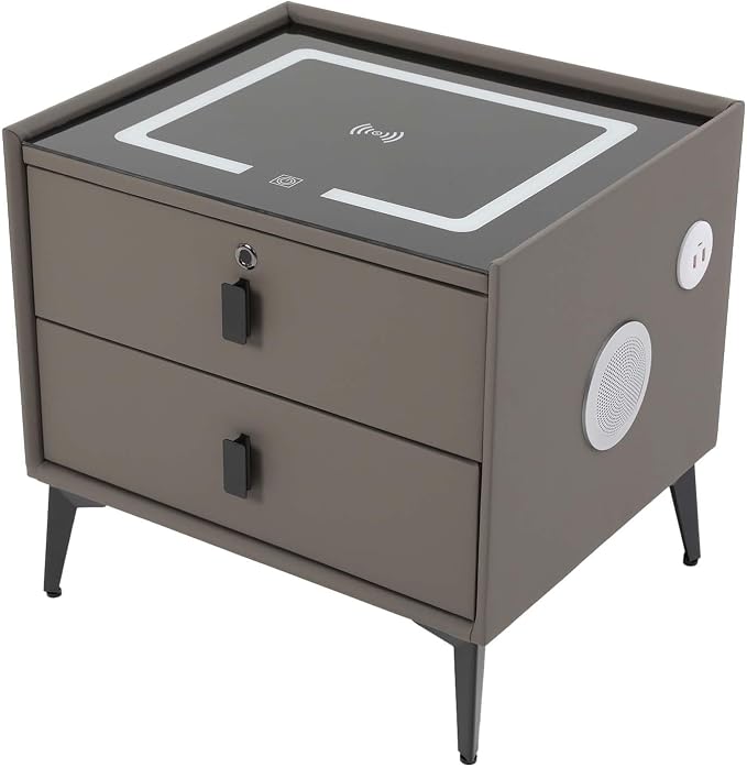 Smart Nightstand w/Fingerprint Lock Drawers, Smart Bedside Table w/USB Charging by Headery