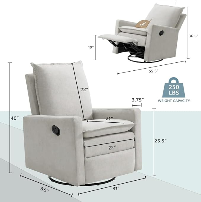 Oxford Baby Uptown Upholstered Glider Recliner Rocking Chair 360° Swivel - Image 3
