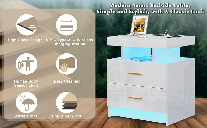 HNEBC Auto LED Nightstand with Wireless Charging Station & USB Ports, High - Image 7