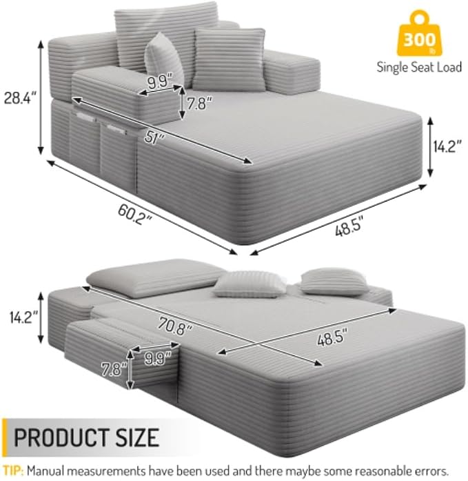 Oversized Boneless Chaise Sofa Bed, Corduroy Chaise Lounge Chair Indoor - Image 2