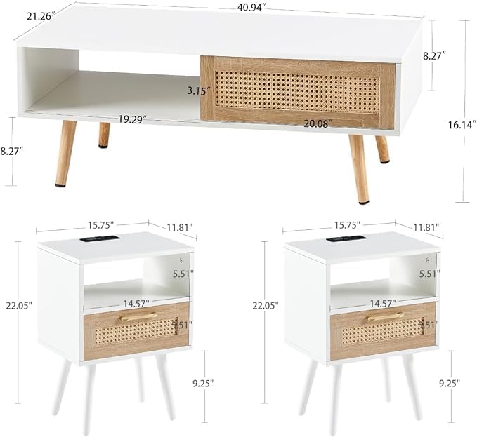 Rattan Center Table and Nightstand Set, 3-Piece Wood Living Room Table Set - Image 7
