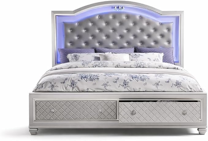 First of a Kind Shiney Contemporary 5 Piece Queen Bedroom Set High Gloss Silver - Image 4