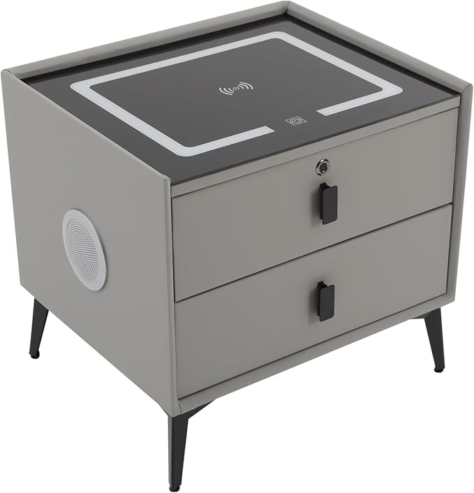 Smart Nightstand w/Fingerprint Lock Drawers, Smart Bedside Table w/USB Charging by Headery