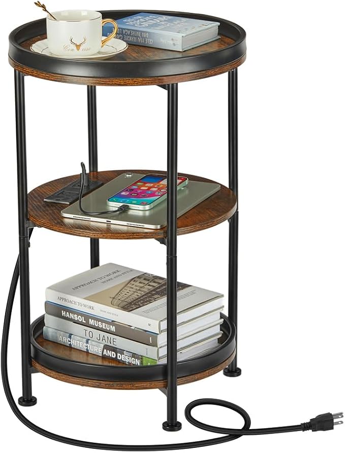Dulcii Round Side Table with Charging Station, End Table with 3 Shelves by Zexvida