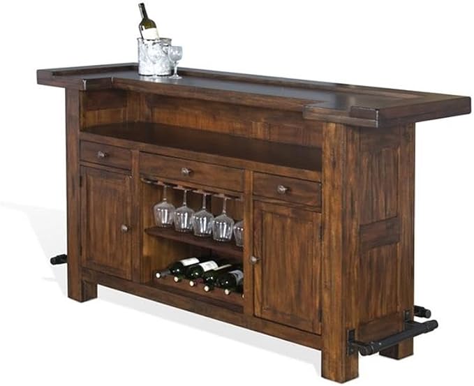 Pemberly Row Set of 3 Polished Brown Wood Bar Unit & 2 Swivel Barstool - Image 6