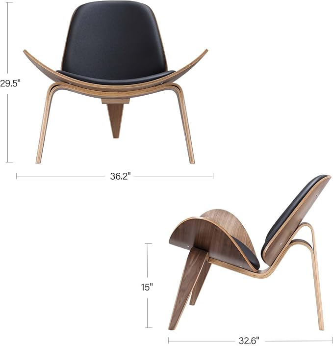 Furgle Mid Century Modern Shell Lounge Chair, PU Leather, Tripod Plywood - Image 3