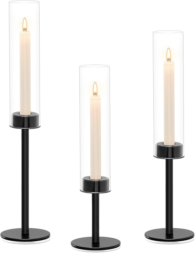 Black Hurricane Glass Candle Holders Set of 3, Tall Metal Taper Candle Stick - Image 8