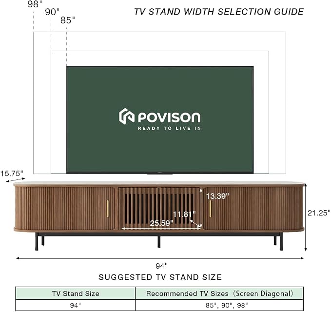 POVISON Fully-Assembled Sliding Tambour Door TV Stand, Mid Century Modern - Image 6