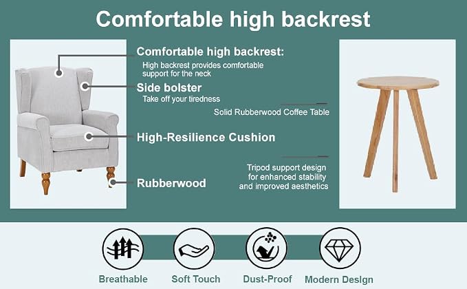 Vintage Style Wingback Chair and Coffee Table Set Solid Wood Frame Beige Fabric - Image 9
