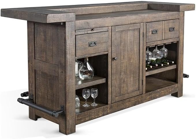 Pemberly Row Set of 3 Wood Bar Unit and 2 Ladderback Barstool in Dark Brown - Image 3