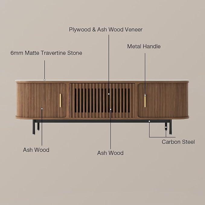 POVISON Fully-Assembled Sliding Tambour Door TV Stand, Mid Century Modern - Image 6