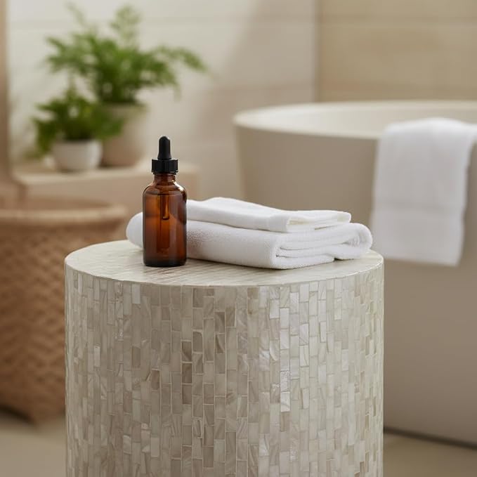 PEMAR Mother of Pearl Cylinder Drum End Table Nacre Side Stool Round Accent - Image 2