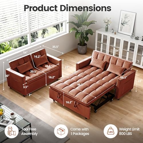 3 in 1 Convertible Sofa Bed, Velvet Fabric Loveseat Sleeper Couch, Modern Pull - Image 2