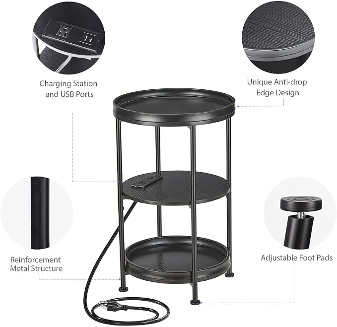 Dulcii Round Side Table with Charging Station, Bedroom Nightstand with Steel - Image 9