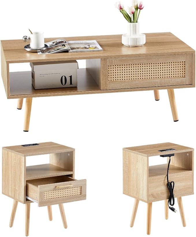 Rattan Center Table and Nightstand Set, 3-Piece Wood Living Room Table Set - Image 2