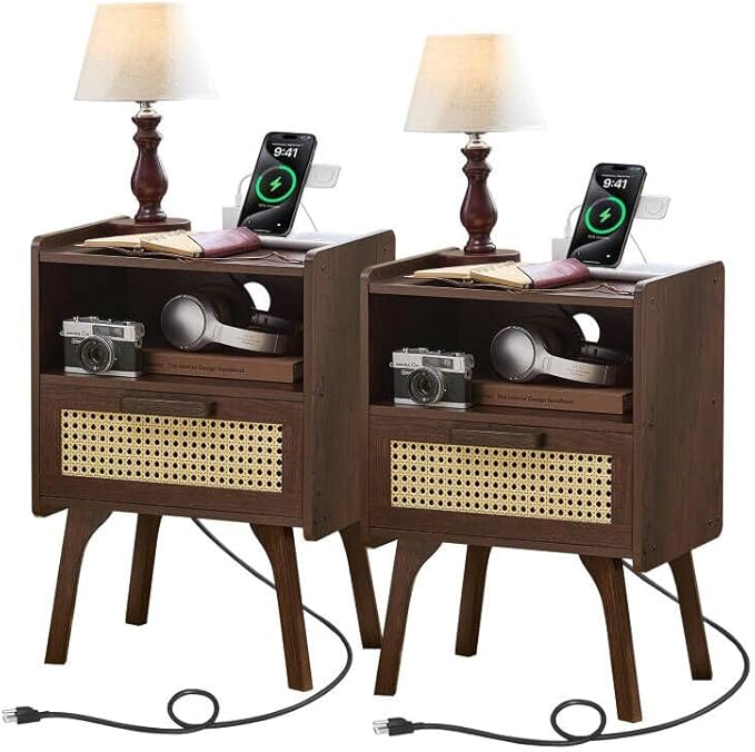 Lerliuo Rattan Nightstand with Charging Station, Walnut Bedside Table with by Lerliuo