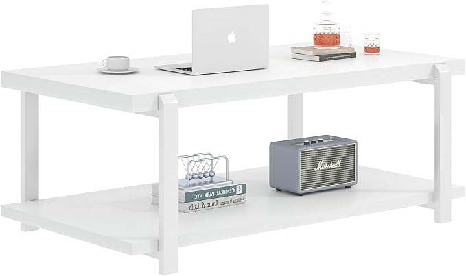 FOLUBAN White Coffee Table, Modern Rustic Wood and Metal Center Table - Image 8