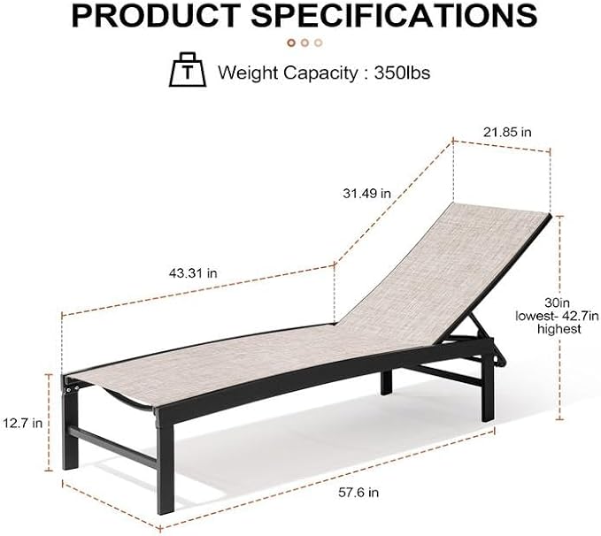 Crestlive Products Chaise Lounge Chair Outdoor Set of 2, Adjustable 5 Positions - Image 3