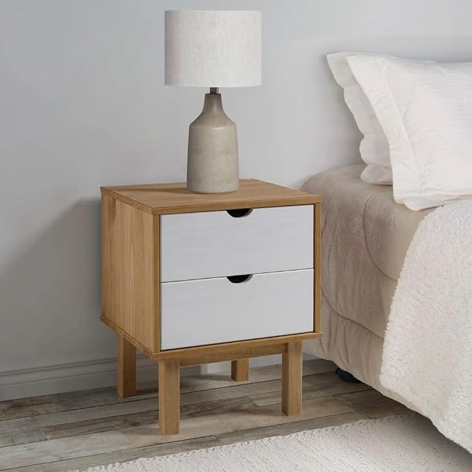 Scandinavian Style Bedside Cabinet in Brown and White Solid Pine Wood by Unknown